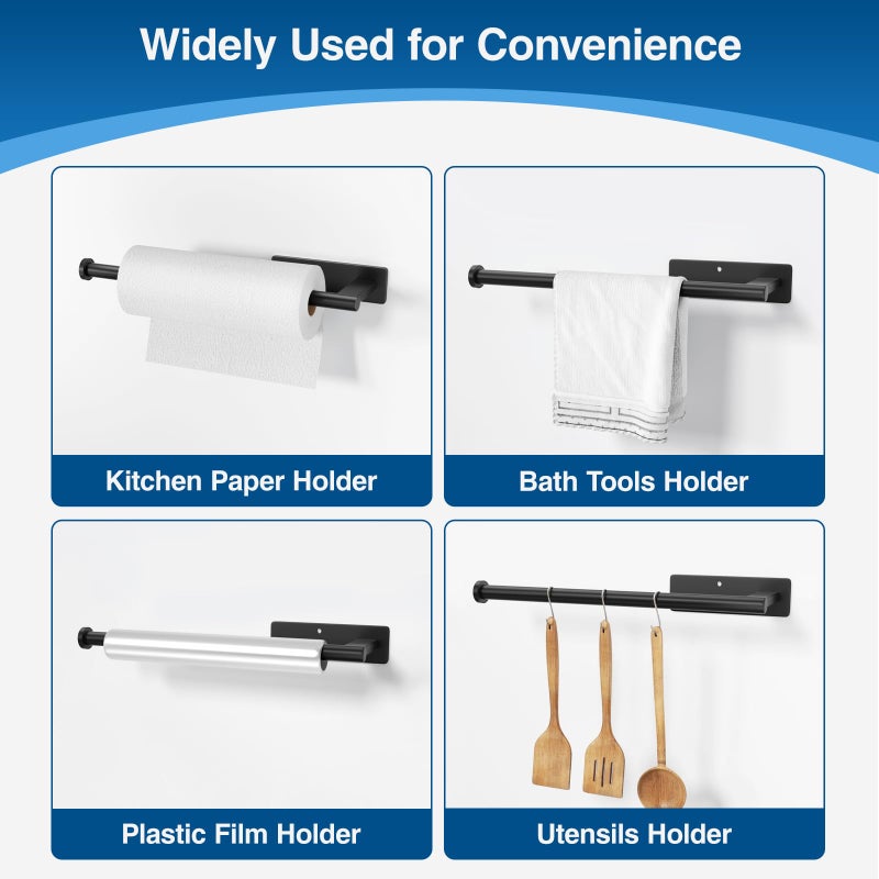 susswiff Paper Towel Holder Under Cabinet - Stainless Steel Paper Towel Holder Wall Mount, Self-Adhesive or Drilling, Matte Black Towel Rack for Kitchen Organization and Storage, Kitchen Paper Roll Holder - Image 5