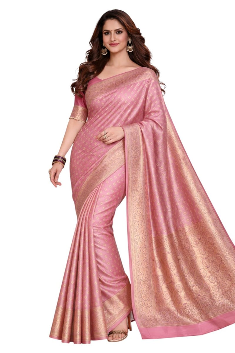 NoseQueen women fashion Multi-Colored Traditional banarasi silk saree | Cotton saree for farewell with UnStitched Blouse Piece (Gajari Pink) - Image 1