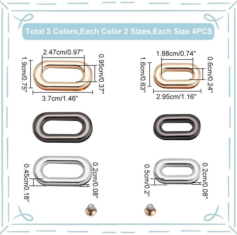 klarako 24pcs Alloy Screw-in Grommet Eyelets, 3 Color Metal Together Eyelets Grommet 0.74/0.97 Inch Oval Grommet Snap Hole O-Ring Bag Lklarako Connector for DIY Handbag Clothes Curtain Leathercraft Making - Image 2