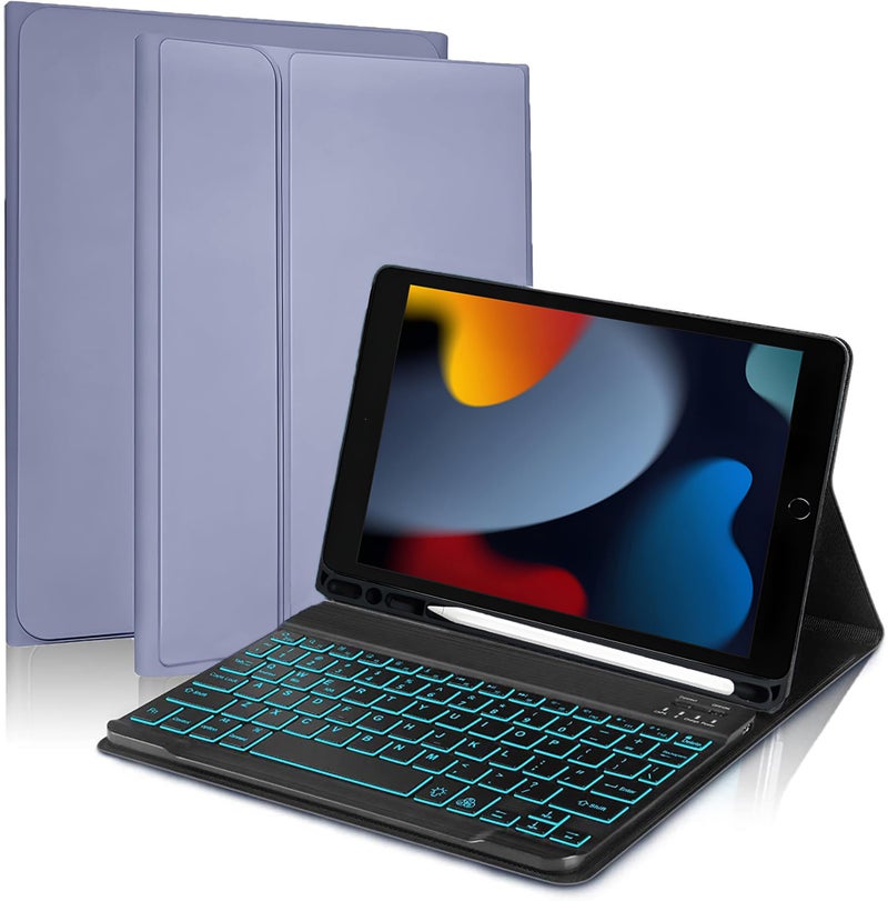 ProElite Keyboard case for Apple iPad 10.2" 9th Gen (2021) / 8th Gen / 7th Gen, with Pencil Holder, Magnetic Detachable Wireless Bluetooth Keyboard Built-in 7-Colors Backlit, Lavender - Image 1