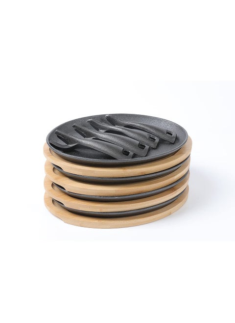 HAWOK Cast Iron Fajita pan with Bamboo Tray and Handle Set of 4