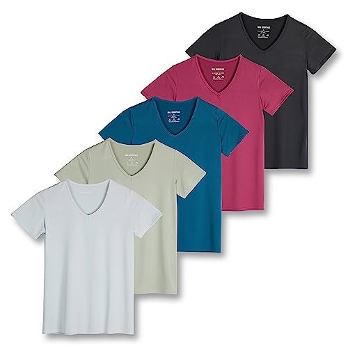 REALESSENTIALS Real Essentials 5 Pack: Women's Dry Fit Short Sleeve V Neck Workout Top - Fitness Pilates Gym Athletic Yoga T-Shirt (Plus Available), Set 13, XL - Image 1