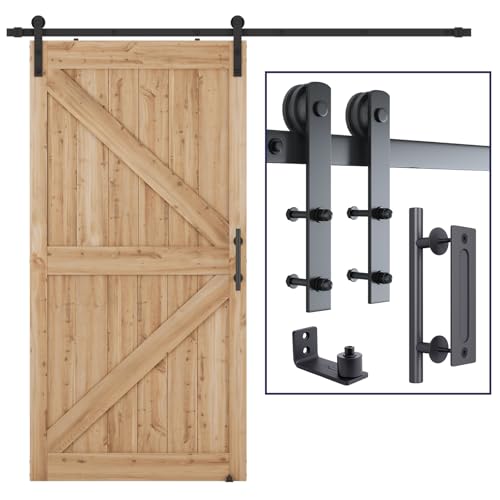 SMARTSTANDARD 8.2 FT Heavy Duty Sturdy Sliding Barn Door Hardware Kit, Black, (Whole Set Includes 1x Pull Handle Set & 1x Floor Guide) Fit 42"-48" Wide Door Panel (I Shape Hanger) - Image 1