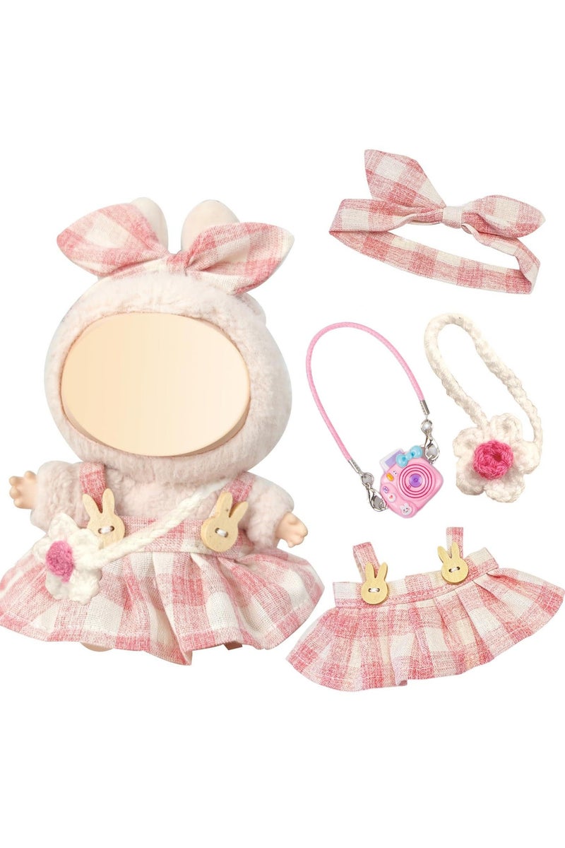 دوميني مجموعة لابوبو من 4 ملابس دمى مقاس 17 سم، زي DIY لدمى لابوبو، تنورة وردية منقوشة مع حقيبة زهور، ملابس وإكسسوارات دمى قطيفة رائعة، زي لطيف للفتيات والأولاد كهدية - Image 1