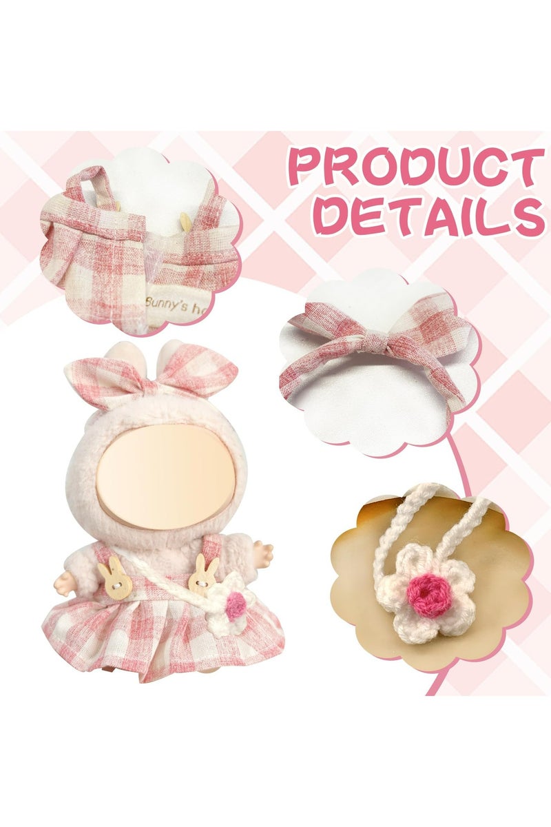 دوميني مجموعة لابوبو من 4 ملابس دمى مقاس 17 سم، زي DIY لدمى لابوبو، تنورة وردية منقوشة مع حقيبة زهور، ملابس وإكسسوارات دمى قطيفة رائعة، زي لطيف للفتيات والأولاد كهدية - Image 3