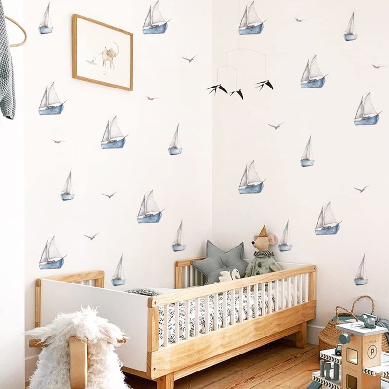 astrkiz Watercolor Sailboat Wall Decals Peel and Stick  Seagull Wall Sticker for Baby Boys Room Kids Room Playroom Gender Neutral Room Nursery Wall Art Stickers Decor - Image 4