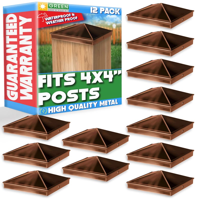 GreenLighting 4x4 Aluminum Pyramid Post Cap Cover Brown 12 Pack Fits 4x4 Nominal Wood True 35 x 35 Powder Coated Matte Outdoor Caps Cover Fence Decking Waterproof