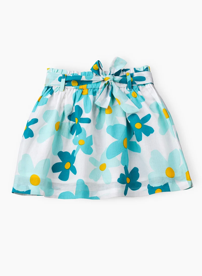 Jelliene Aqua Floral Cotton Skirt with Tie Waist for Girls