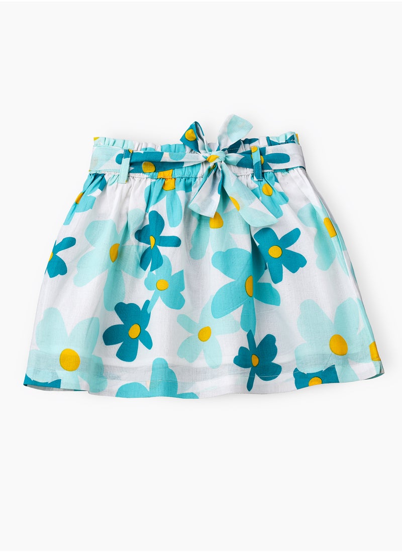 Jelliene Aqua Floral Cotton Skirt with Tie Waist for Girls  - Image 1