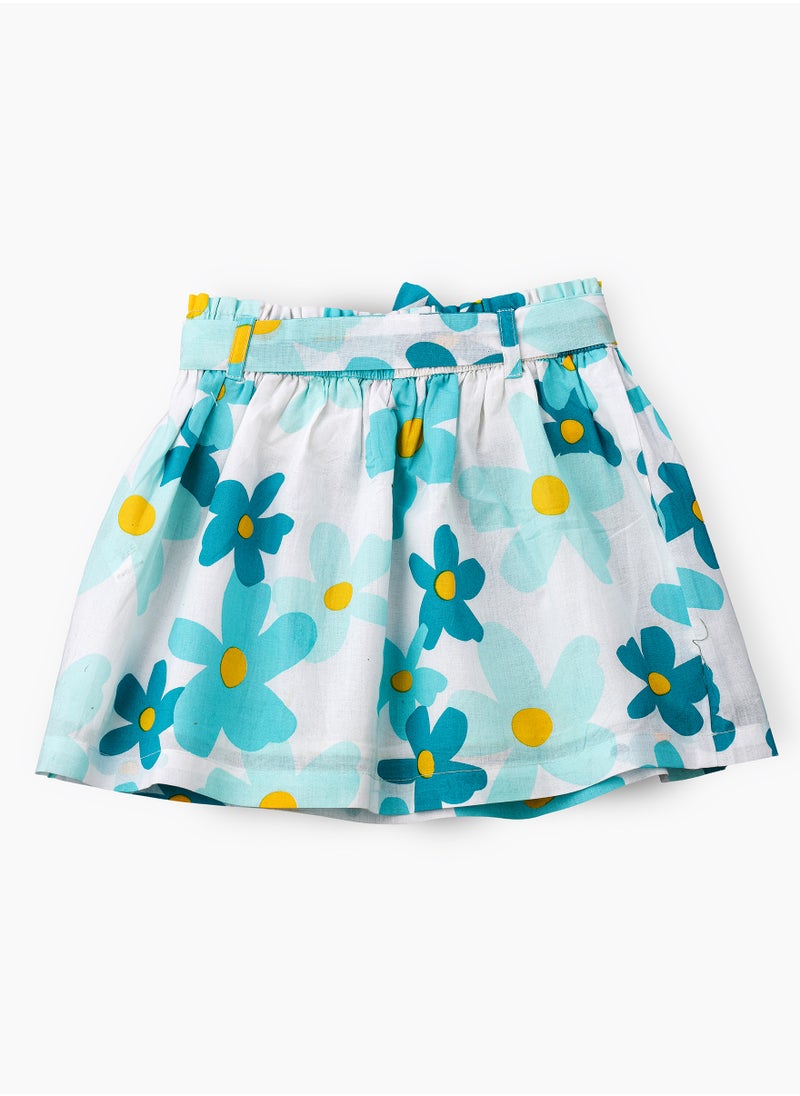 Jelliene Aqua Floral Cotton Skirt with Tie Waist for Girls  - Image 2