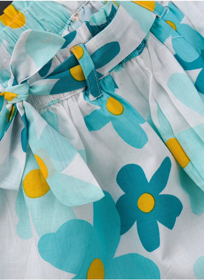 Jelliene Aqua Floral Cotton Skirt with Tie Waist for Girls  - Image 3