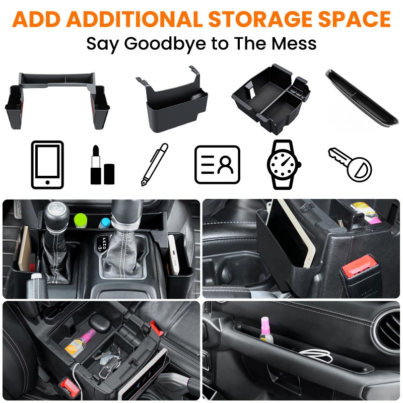 DIAMOOKY 4PCS Upgraded Center Console Organizer for Jeep Wrangler JL JLU 4xe 2018-2026 & Gladiator JT 2020-2024 2025 2026 Accessories Gear Shift Side Tray Hanging Armrest Storage Box (Not for JK/JKU) - Image 3