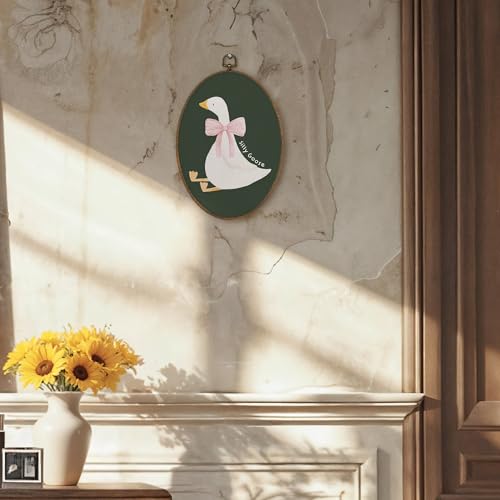 LKETW Coquette Pink Bow Silly Goose Oval Wall Art Decor, Dark Green Goose Oval Canvas Hanging Decor, Preppy Farmhouse Animal Wall Decorations for Girly Room Bedroom Dorm Home, 8.6x11.4 Inch - Image 2