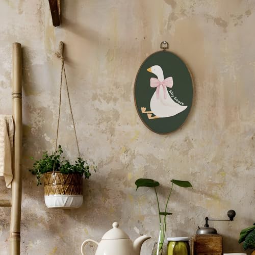 LKETW Coquette Pink Bow Silly Goose Oval Wall Art Decor, Dark Green Goose Oval Canvas Hanging Decor, Preppy Farmhouse Animal Wall Decorations for Girly Room Bedroom Dorm Home, 8.6x11.4 Inch - Image 3
