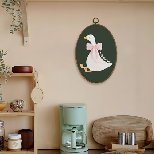 LKETW Coquette Pink Bow Silly Goose Oval Wall Art Decor, Dark Green Goose Oval Canvas Hanging Decor, Preppy Farmhouse Animal Wall Decorations for Girly Room Bedroom Dorm Home, 8.6x11.4 Inch - Image 5
