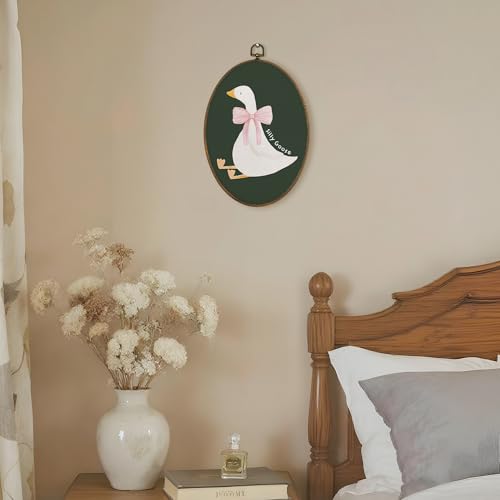 LKETW Coquette Pink Bow Silly Goose Oval Wall Art Decor, Dark Green Goose Oval Canvas Hanging Decor, Preppy Farmhouse Animal Wall Decorations for Girly Room Bedroom Dorm Home, 8.6x11.4 Inch - Image 4