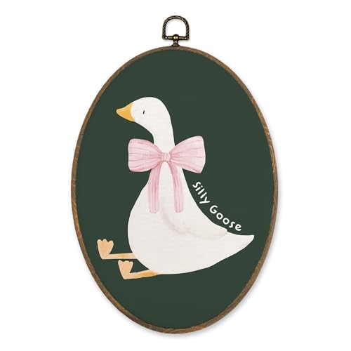 LKETW Coquette Pink Bow Silly Goose Oval Wall Art Decor, Dark Green Goose Oval Canvas Hanging Decor, Preppy Farmhouse Animal Wall Decorations for Girly Room Bedroom Dorm Home, 8.6x11.4 Inch - Image 1