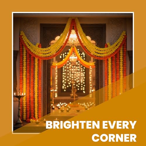 Caneuf Genda Phool Artificial Marigold Fluffy Flower Garlands - Perfect for Diwali, Navratri, Durga Pooja Festival, and Office Decoration (Mix Multi, Pack of 15) - Image 2