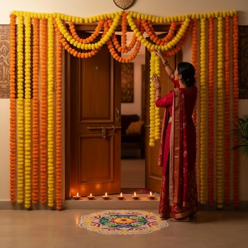 Caneuf Genda Phool Artificial Marigold Fluffy Flower Garlands - Perfect for Diwali, Navratri, Durga Pooja Festival, and Office Decoration (Mix Multi, Pack of 15) - Image 5