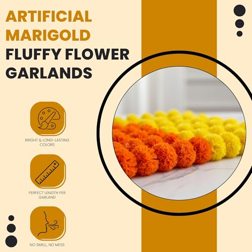 Caneuf Genda Phool Artificial Marigold Fluffy Flower Garlands - Perfect for Diwali, Navratri, Durga Pooja Festival, and Office Decoration (Mix Multi, Pack of 15) - Image 4