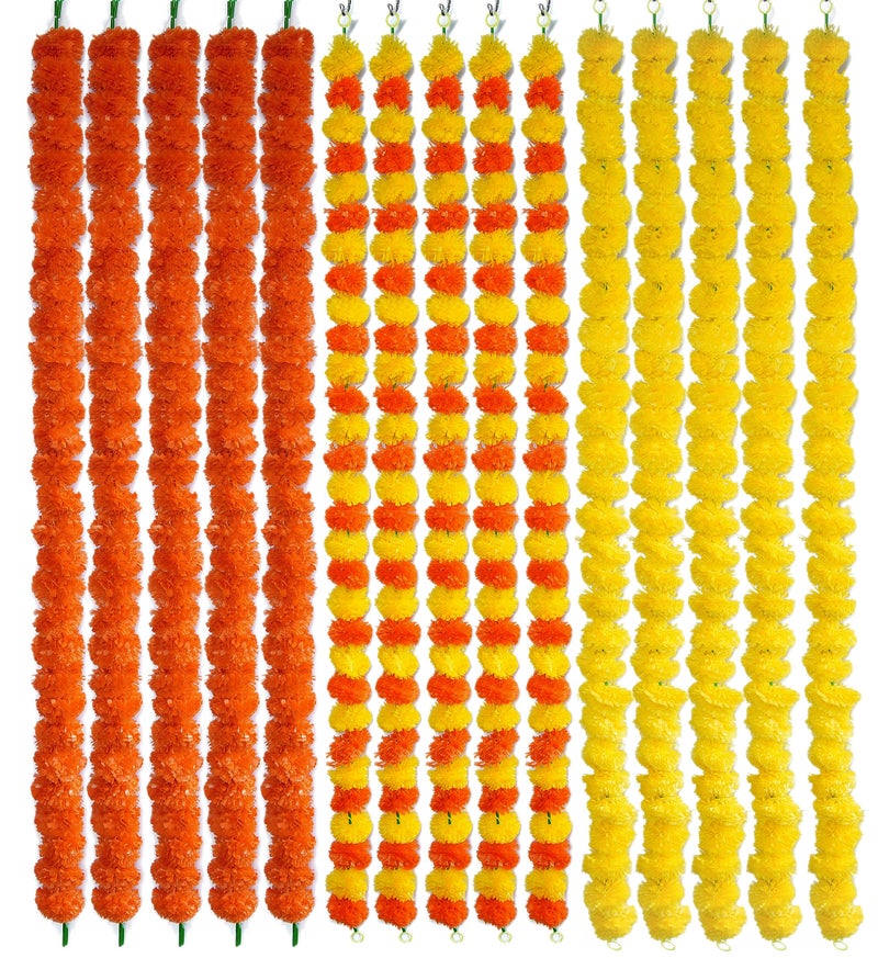Caneuf Genda Phool Artificial Marigold Fluffy Flower Garlands - Perfect for Diwali, Navratri, Durga Pooja Festival, and Office Decoration (Mix Multi, Pack of 15) - Image 1