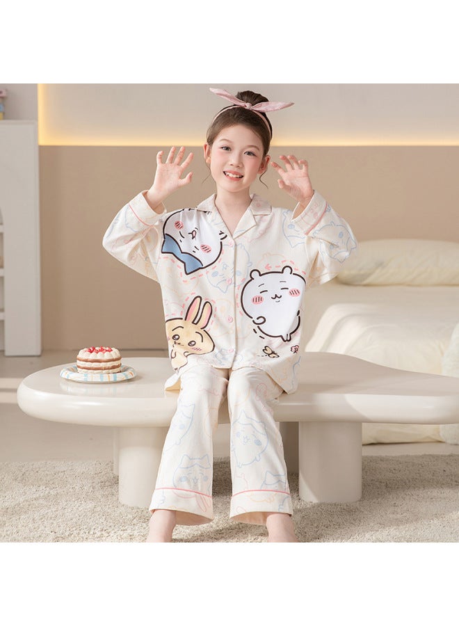 Children's Pajamas, Girls' Spring And Autum Double-length Suits, Girls' Pure Cotton Long-sleeved Pants, Medium And Large Kidsren's Home Clothes Two-piece Set