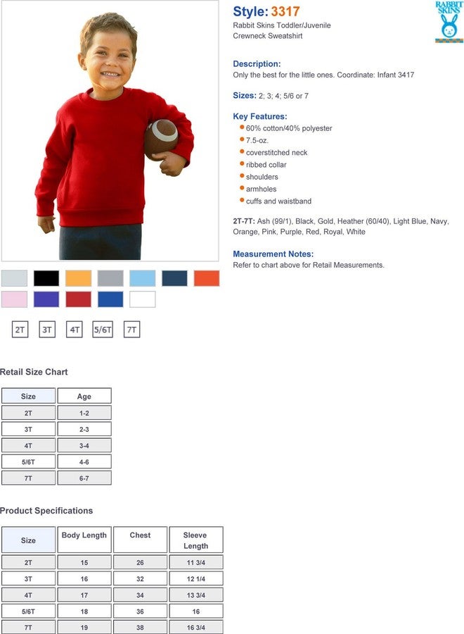 Rabbit Skins سويت شيرت للأطفال من رابت سكينز (M-3317) متوفر بـ 13 لون 5T/6T كحلي - Image 3