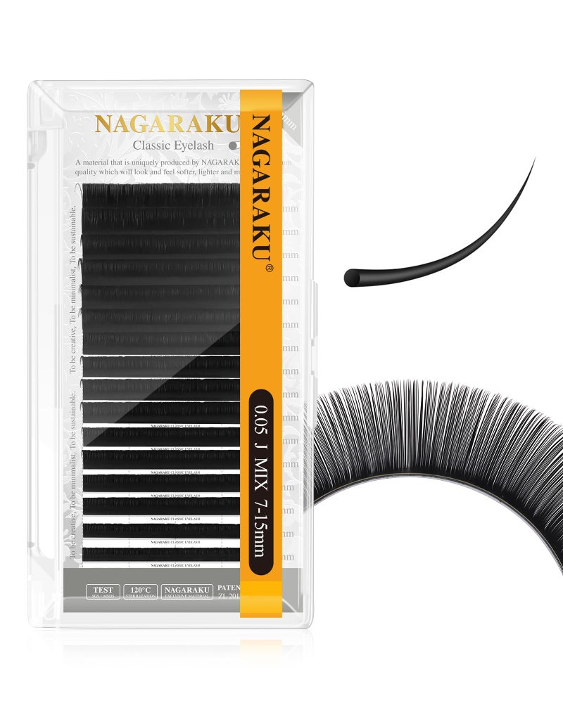 NAGARAKU Eyelash Extensions Individual Lashes 0.05mm J curl 7-15mm Mix Tray Classic Matte Black Soft Natural Faux Mink 16 rows - Image 1