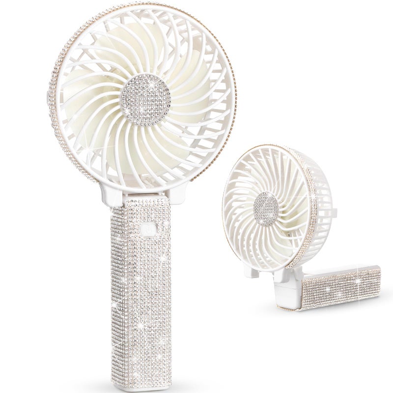 Mudder Rhinestone Handheld Fan Crystal Bling Mini Personal Fan Glitter Bedazzled Portable USB Rechargeable  Battery Operated for Girls Women Outdoor Travel Indoor Makeup OfficeWhiteFoldable