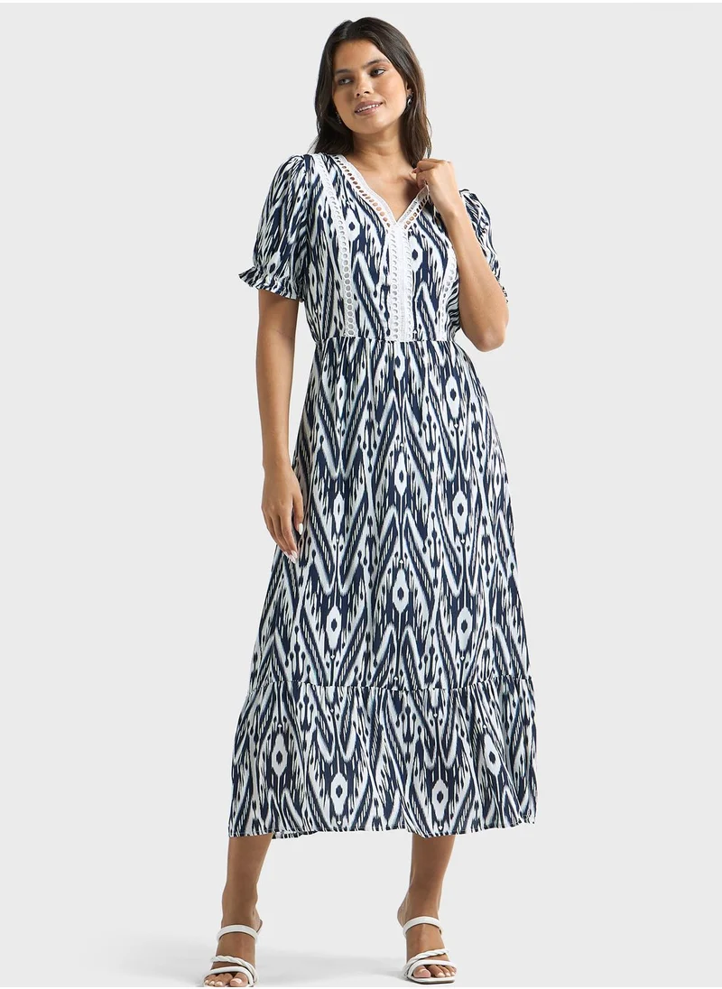 FAV V-Neck Openwork Printed Dress