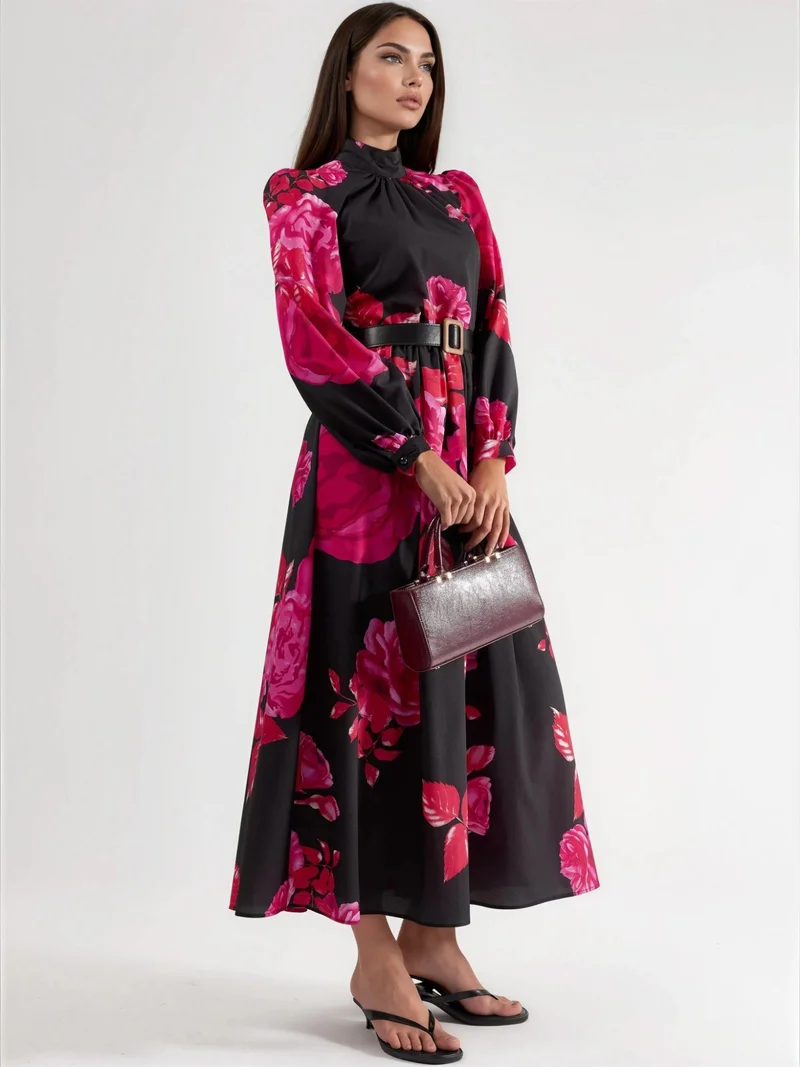 جينيفر Floral Belted Maxi Dress with Half Turtleneck