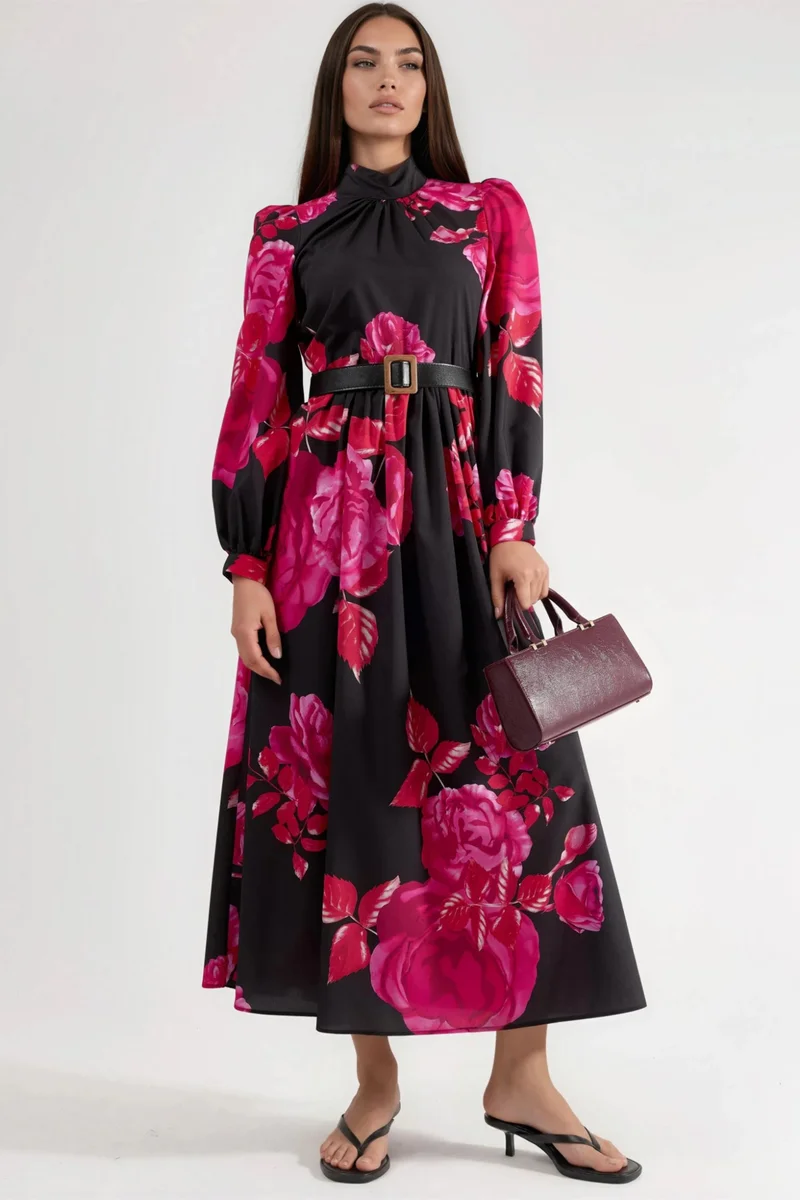 جينيفر Floral Belted Maxi Dress with Half Turtleneck