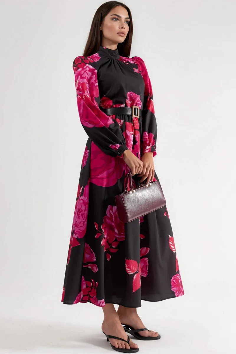 جينيفر Floral Belted Maxi Dress with Half Turtleneck