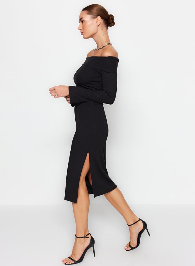 trendyol Black Fitted Soft Textured Midi Stretchy Knitted Pencil Madonna Collar Dress - Image 2