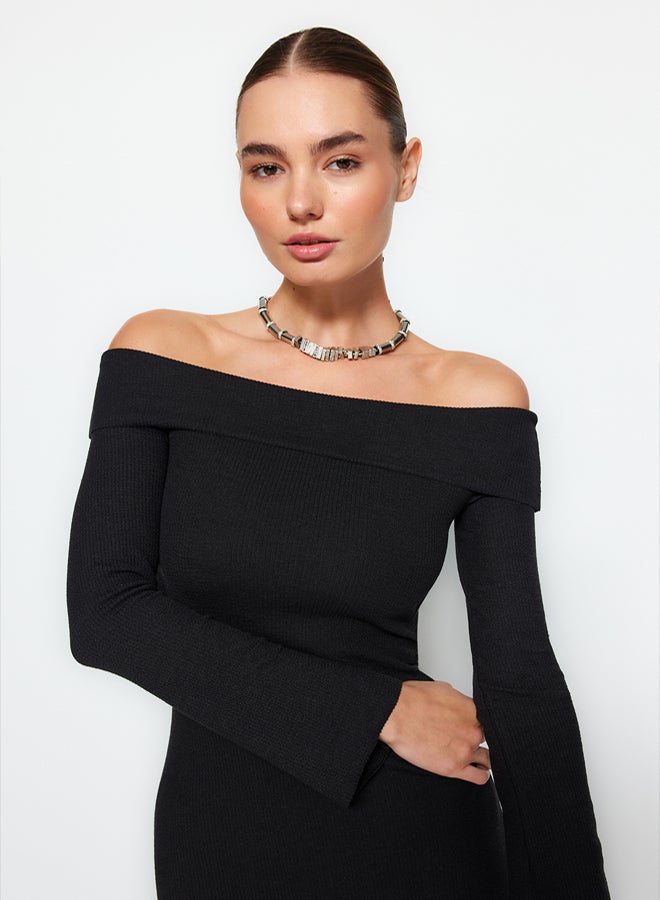 trendyol Black Fitted Soft Textured Midi Stretchy Knitted Pencil Madonna Collar Dress - Image 4