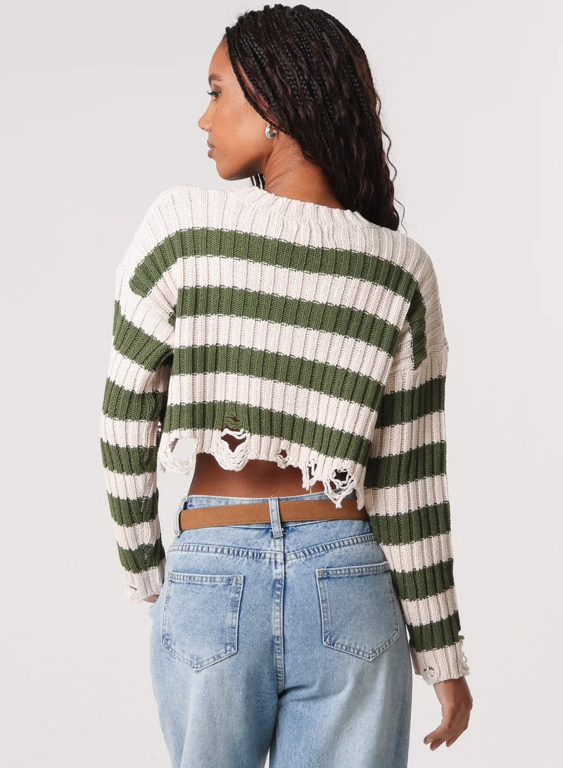 Pink Vanilla Distressed Striped Crop Knit Jumper