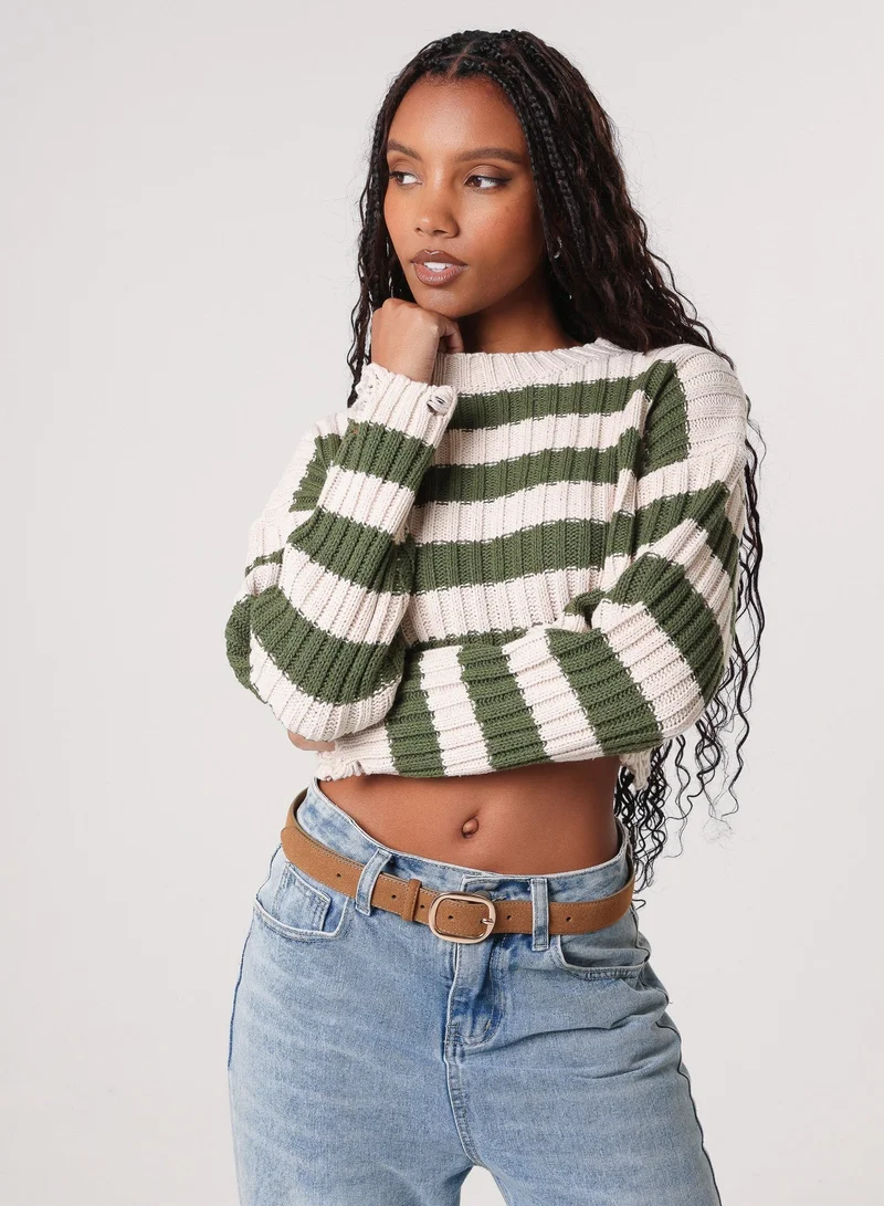 Pink Vanilla  Distressed Striped Crop Knit Jumper for Women | Best Price UAE
