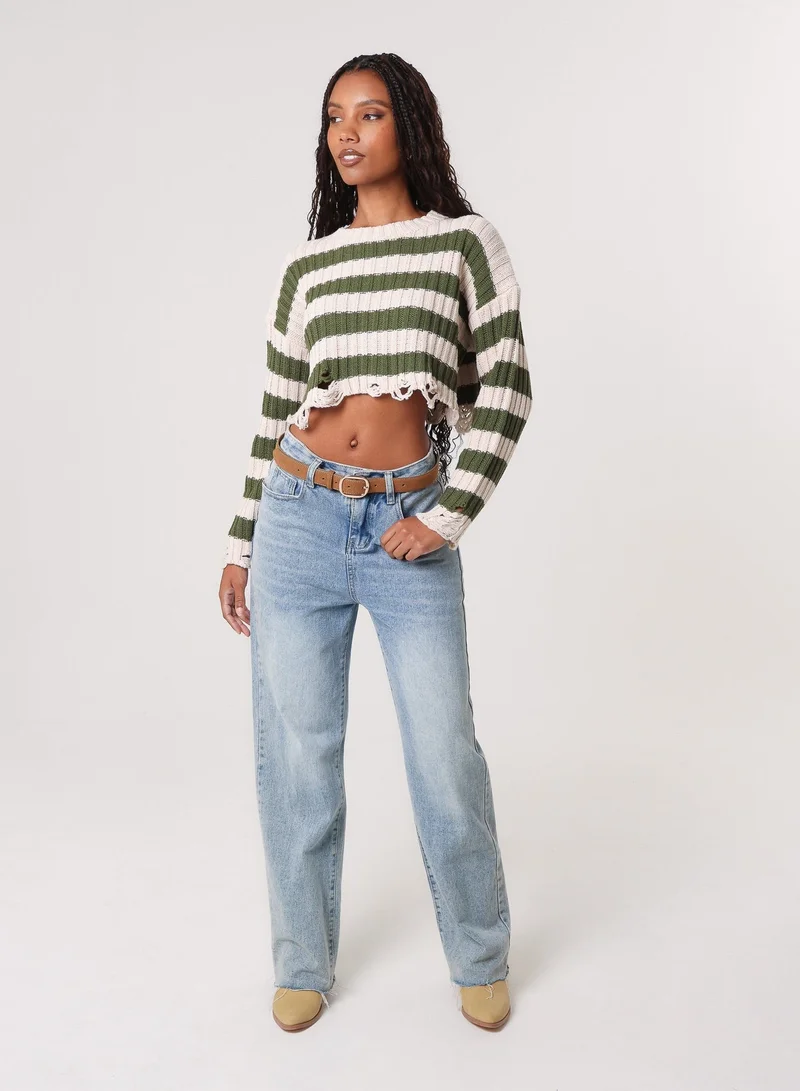 Pink Vanilla  Distressed Striped Crop Knit Jumper for Women | Best Price UAE