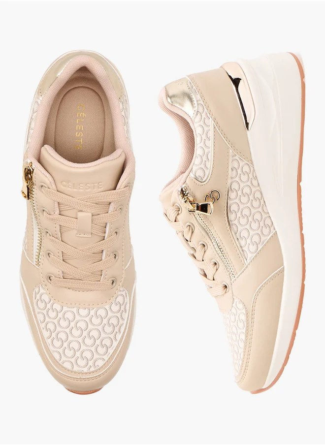 سيليست Women's Monogram Print Sneakers with Lace-Up Closure and Zip Detail