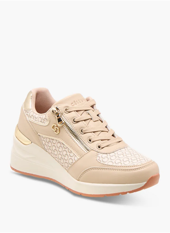 سيليست Women's Monogram Print Sneakers with Lace-Up Closure and Zip Detail