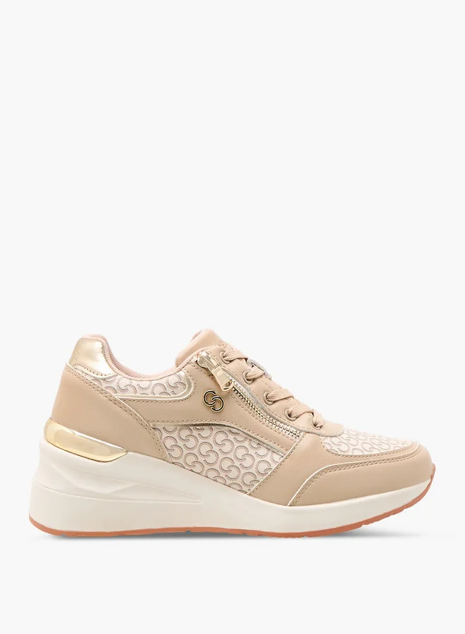 Celeste Women's Monogram Print Sneakers with Lace-Up Closure and Zip Detail