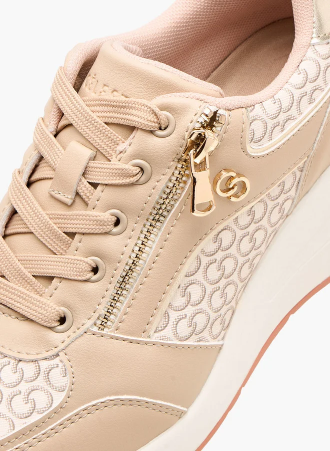 Celeste Women's Monogram Print Sneakers with Lace-Up Closure and Zip Detail