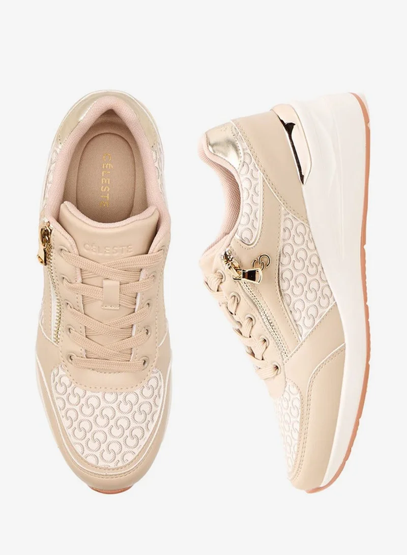 Celeste Women's Monogram Print Sneakers with Lace-Up Closure and Zip Detail