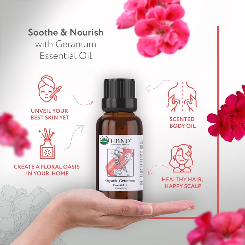 HBNO Organic Geranium Essential Oil - 1 oz (30ml) - USDA Certified Organic Geranium Essential Oil for Aromatherapy, Soap Making, DIY, Fragrances, Diffuser. - Image 2