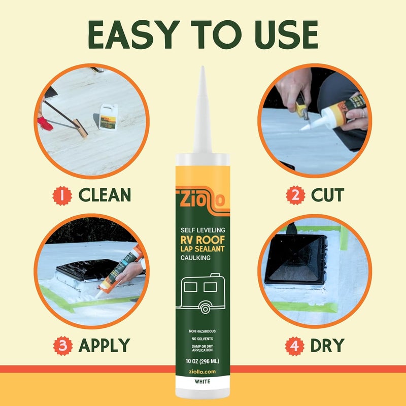 Ziollo RV Repair Kit with 4 x 10oz Tubes of Self Leveling Caulking Lap Sealant & 1 RV Roof Repair Seam Tape 4" x 25' | White | for Rubber Roofs & EPDM - Image 3