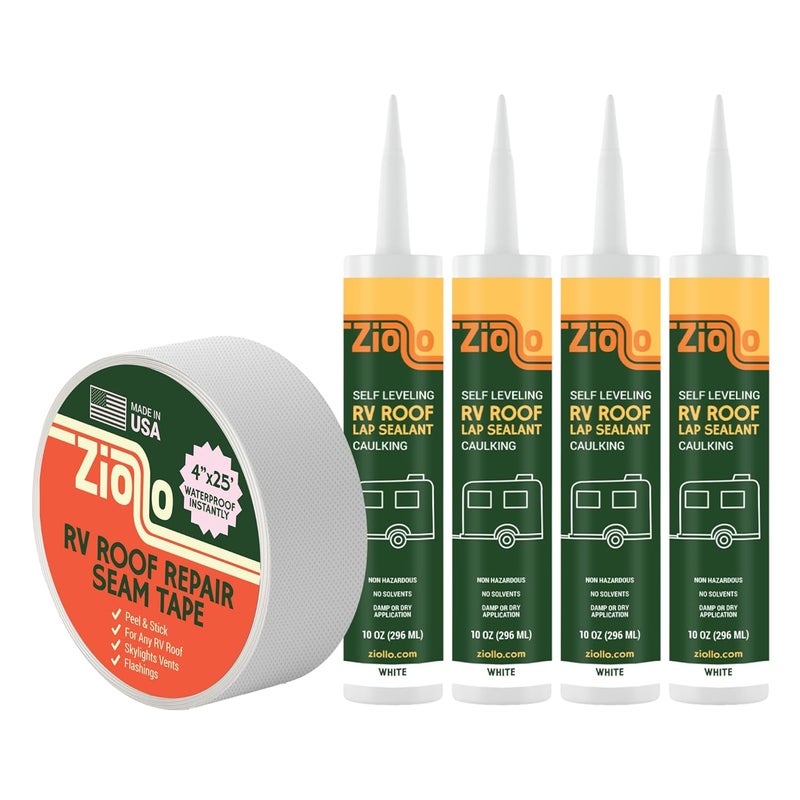 Ziollo RV Repair Kit with 4 x 10oz Tubes of Self Leveling Caulking Lap Sealant & 1 RV Roof Repair Seam Tape 4" x 25' | White | for Rubber Roofs & EPDM - Image 1