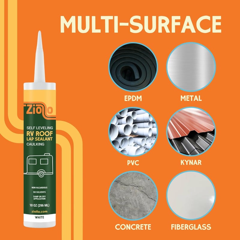 Ziollo RV Repair Kit with 4 x 10oz Tubes of Self Leveling Caulking Lap Sealant & 1 RV Roof Repair Seam Tape 4" x 25' | White | for Rubber Roofs & EPDM - Image 5