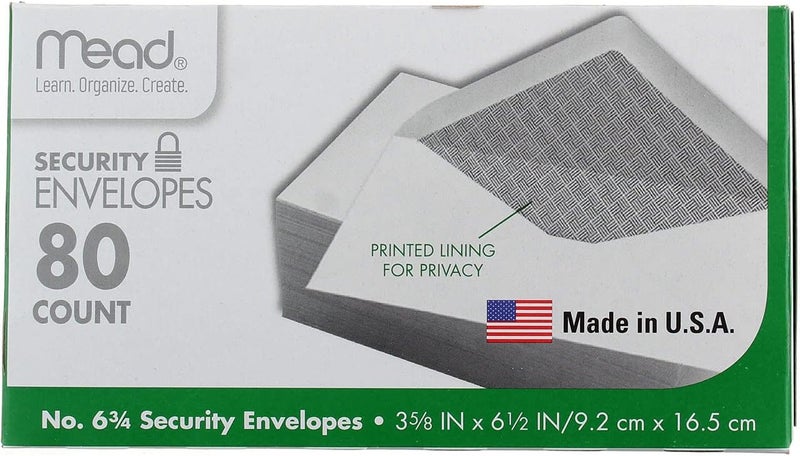 Mead Security Envelopes - 80 Count #6-3/4 White Gummed Envelopes with Privacy Lining - Image 2