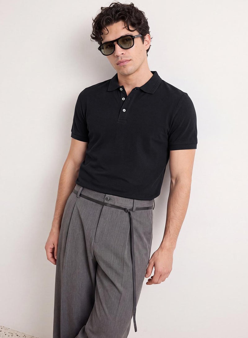 trendyol Black Slim/Narrow Cut Basic 100% Cotton Polo Neck T-shirt - Image 1