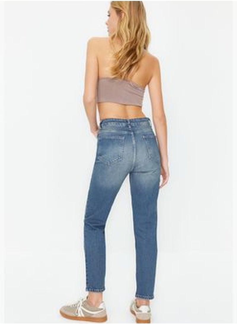 trendyol Blue Faded Effect Vintage High Waist Slim Mom Jeans TWOSS24JE00082  - Image 3